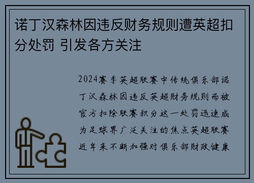 诺丁汉森林因违反财务规则遭英超扣分处罚 引发各方关注
